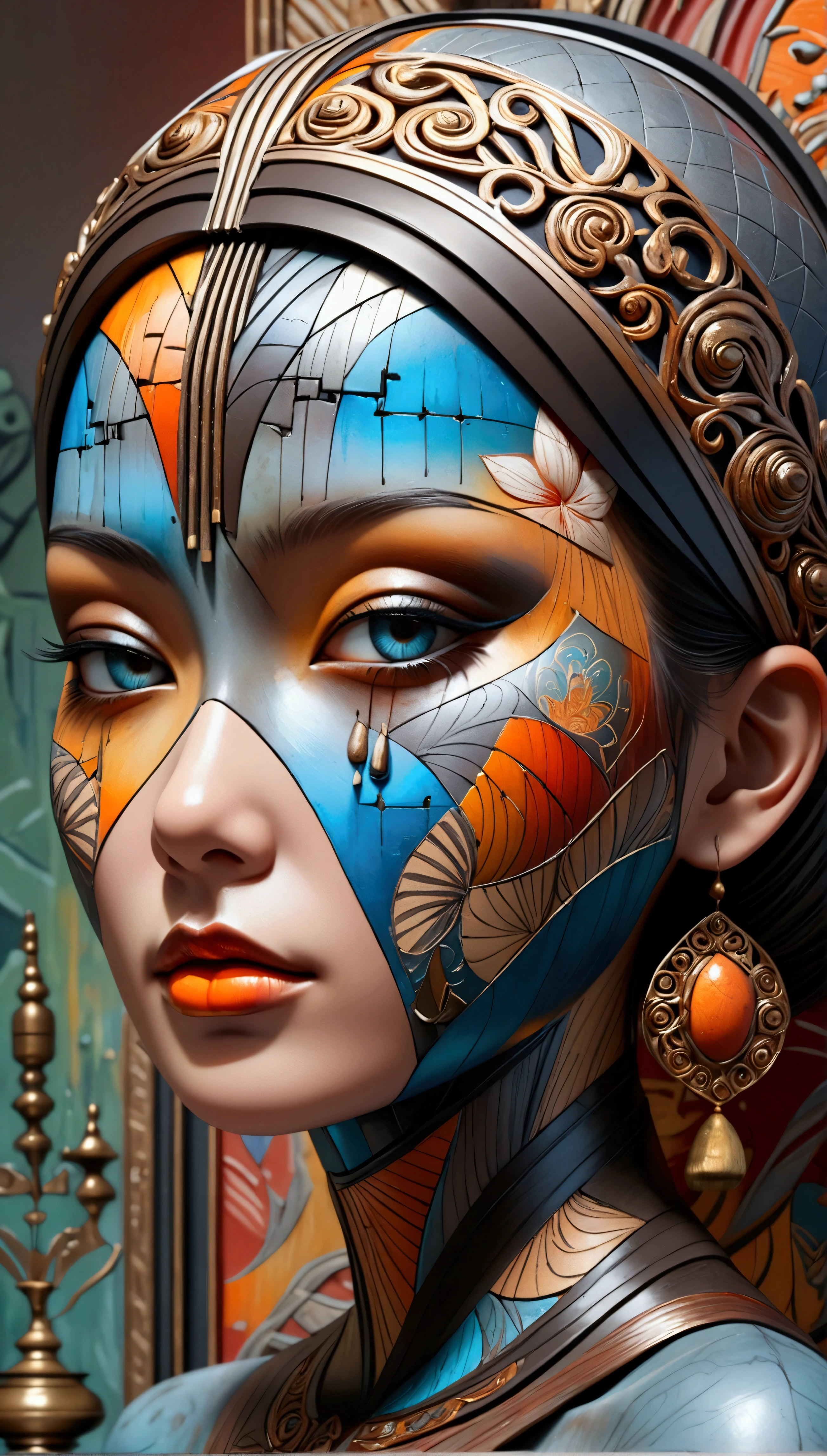 1girl,abstract sculpture,young woman,thai style,torso,surreal,beautiful detailed eyes,beautiful detailed lips,extremely detailed face,detailed portrait,ornate decorative background,(best quality,4k,8k,highres,masterpiece:1.2),ultra-detailed,(realistic,photorealistic,photo-realistic:1.37),HDR,UHD,studio lighting,ultra-fine painting,sharp focus,physically-based rendering,extreme detail description,professional,vibrant colors,cinematic lighting,dramatic shadows