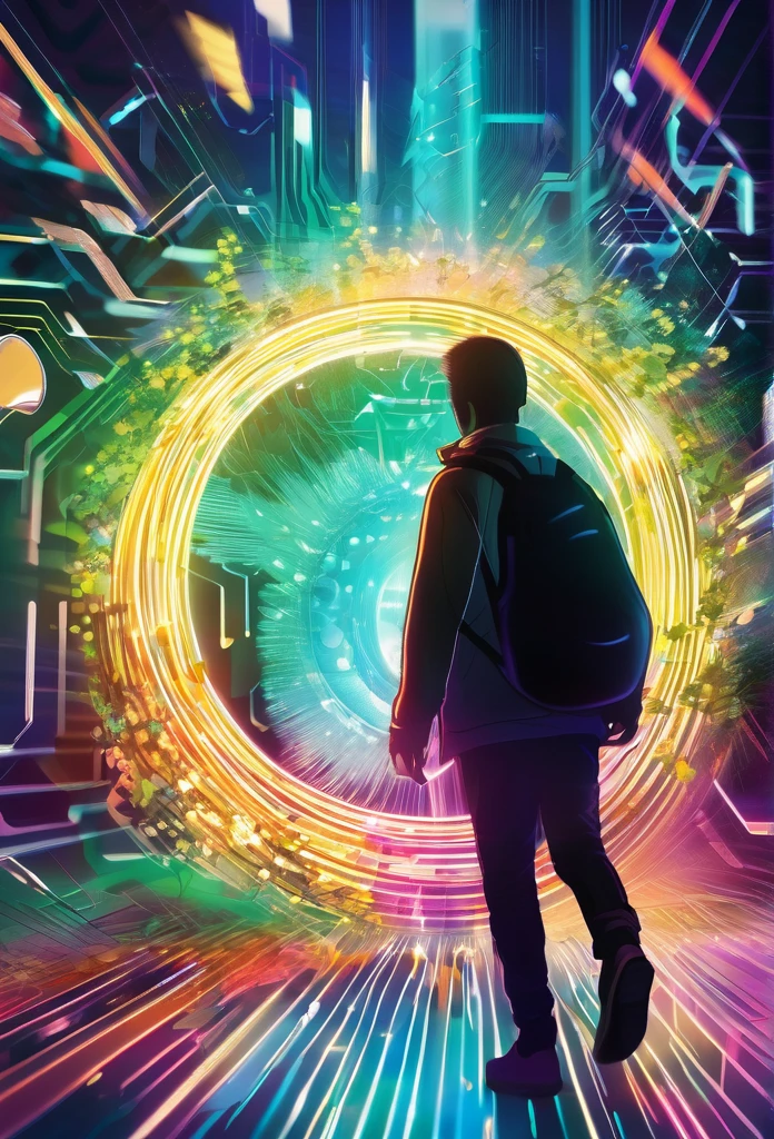 A vibrant, chaotic scene with digital plants all around and a person approaching from a distant place, glowing cryptocurrency symbol, surrounded by blurred, fast-moving digital data streams, symbolizing urgency and fear of missing out.