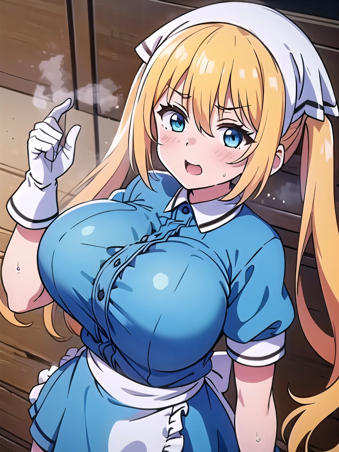 (masterpiece, best quality:1.2), 独奏, 1girl, hinata kaho, smile, looking at viewer, twintails, head scarf, waitress, frills, blue shirt, waist apron, puffy short sleeves, blue skirt, thighhighs, white gloves,(huge breasts:1.4),(large round breasts),busty,sporty,athletic body,Toned body,Slender,Slender body,Large breasts,(Poses that accentuate large breasts),Nice body,Stylish,sweat,steam,breath,(frustrated),Troubled face,blush,Estrus,((breast squeeze)),(from above),(Crush the chest),look up,Exhaustion,Upper Body,Composition that emphasizes breasts,(Chest is highlighted),(Expression of breasts shaking:1.4),((Breast shaking)),bouncing tits,((Bouncy Breasts)),Jumping chest,Boing Boing