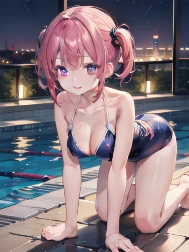 Ultra-high resolution、high resolution、Highest quality、Entire foot and hand、Full Finger、Beautiful woman、1 person、smile、Pink Swimsuit、sprawl、On all fours、Night Pool,Large Breasts