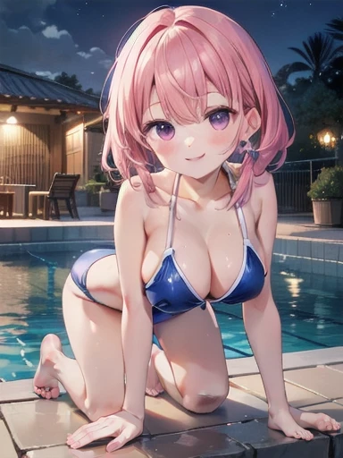 Ultra-high resolution、high resolution、Highest quality、Entire foot and hand、Full Finger、Beautiful woman、1 person、smile、Pink Swimsuit、sprawl、On all fours、Night Pool,Large Breasts