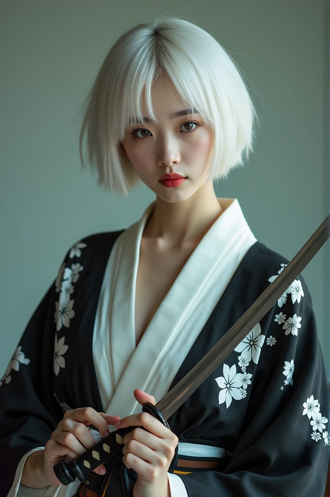 A Korean woman with short, white hair, a beautiful face showing her cleavage, wearing a black and white yukata, holding a katana, surrealistic style, pastel tones, mid shot, dramatic light.