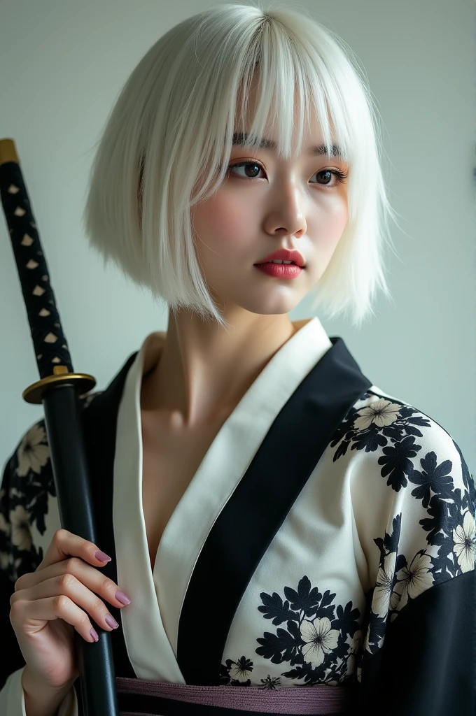 A Korean woman with short, white hair, a beautiful face showing her cleavage, wearing a black and white yukata, holding a katana, surrealistic style, pastel tones, mid shot, dramatic light.