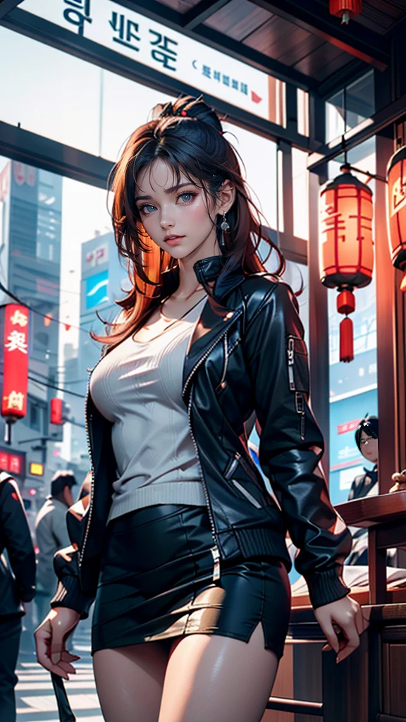 A woman in a short skirt and jacket posing for a photo., cyberpunk art by Raymond Han, Trends in CG society, Digital art, Chinese woman, korean girl, beautiful Asian girl, Asian girl, young asian woman, attractive girl, beautiful asian woman, korean woman, Chinese woman, beautiful south korean woman, gorgeous young korean woman, beautiful young korean woman, asian woman