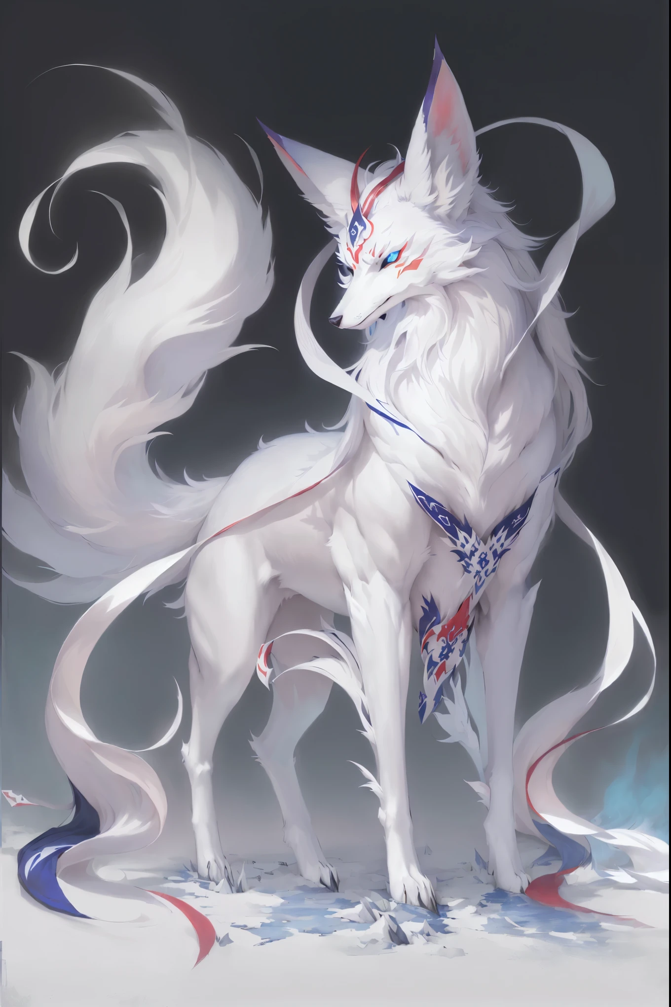 Anime style white wolf with blue eyes and long tail, White Fox Animation, narrow Three-tailed fox, Nine Tails, narrow, White fox, Vampire White Fox, Zerochan art, Very very beautiful furry art, Ethereal Fox, Onmyoji detailed art, The Art of Silver Fox, Three-tailed fox, Amaterasu Omikami, Nine Stories