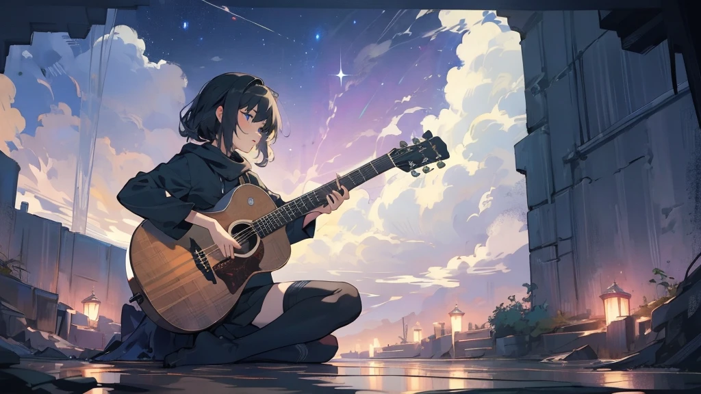 masterpiece,night,(dark alley),star、Night Sky、milky way、octone、
(1. Female), (solo), Knee hugging sitting,acousticguitar