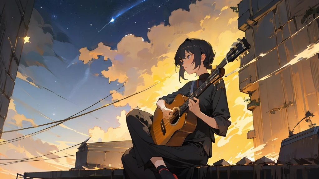 masterpiece,night,(dark alley),star、Night Sky、milky way、octone、
(1. Female), (solo), Knee hugging sitting,acousticguitar