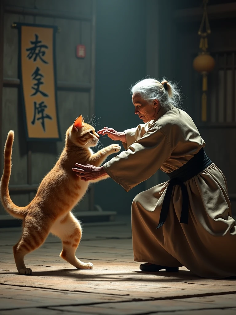 sparring between a cat and a grandmother, a cat hits a right hook, a grandmother hits an uppercut.  extremely detailed, 8k, hyperdetailed, masterpiece