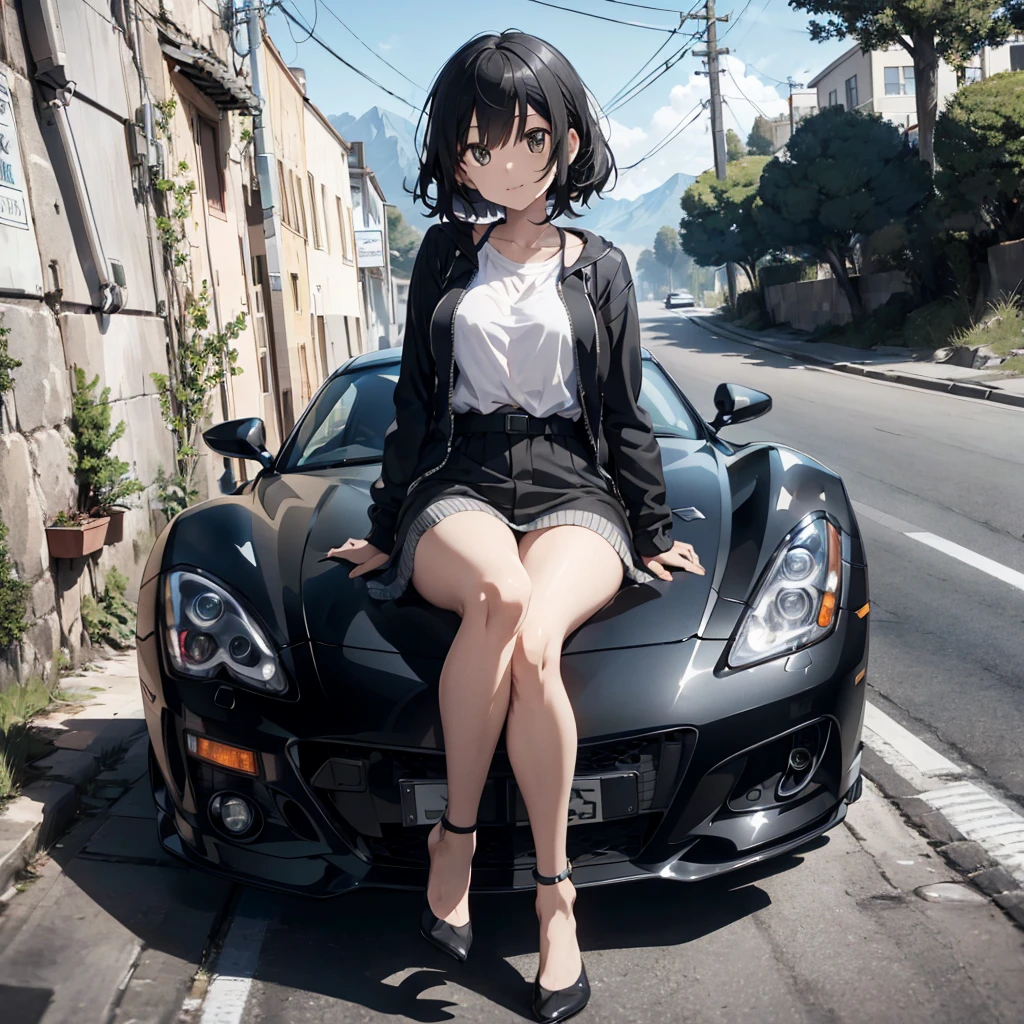 Aya shamewith a camera in her right hand, sitting in a super sports car, on a mountain road (good anatomy) (good automotive structure) (good size ratio) (good ground consistency)