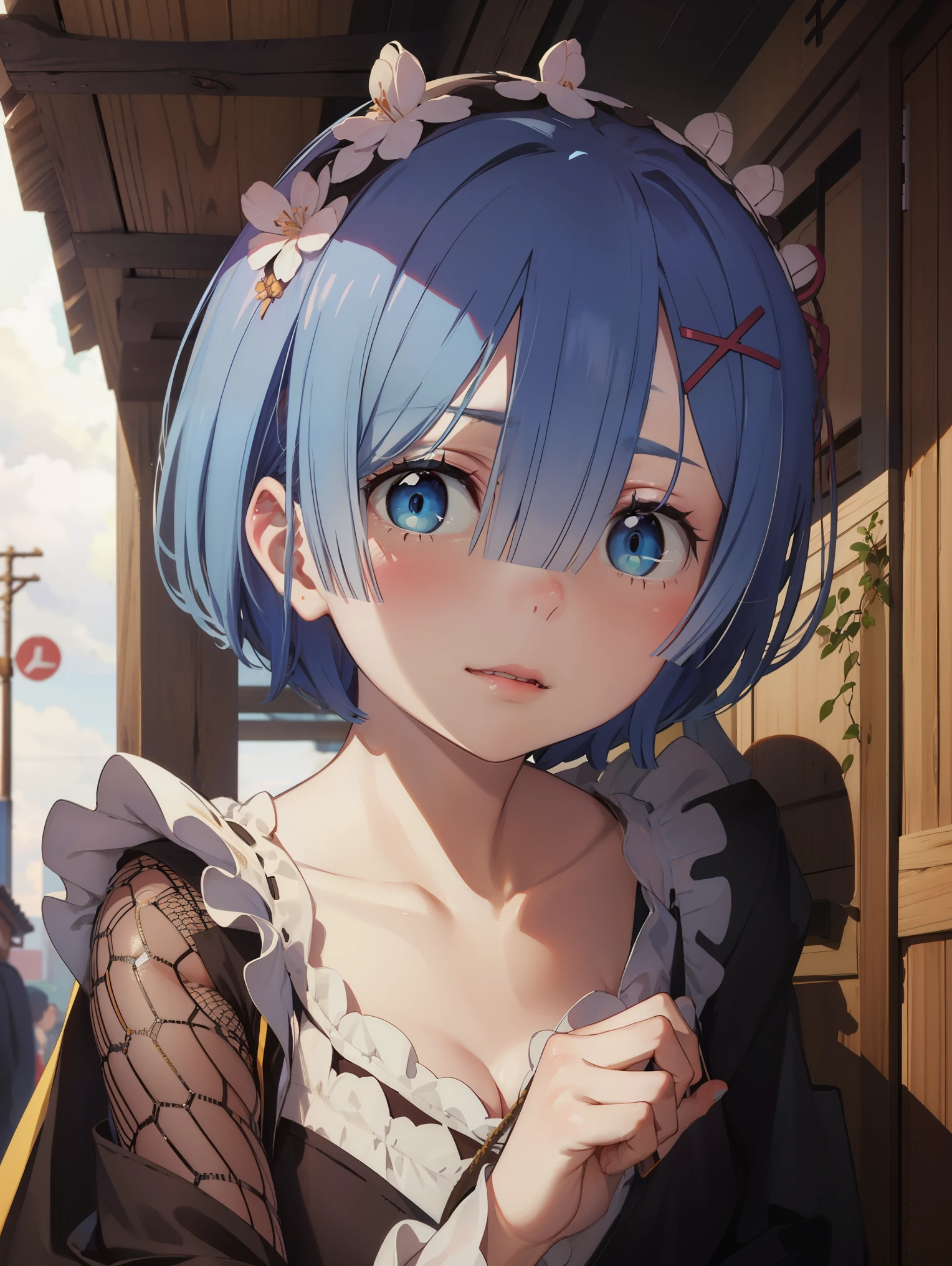 ph_rem, remhd, 1girl, blue hair, solo, blue eyes, x hair ornament,
BREAK (long sleeves, collarbone, japanese clothes, fishnets:1.2),
BREAK is standing、sexypose、Horizon、all-fours、ssmile,
BREAK (masterpiece:1.2), best quality, high resolution, unity 8k wallpaper, (illustration:0.8), (beautiful detailed eyes:1.6), extremely detailed face, perfect lighting, extremely detailed CG, (perfect hands, perfect anatomy),