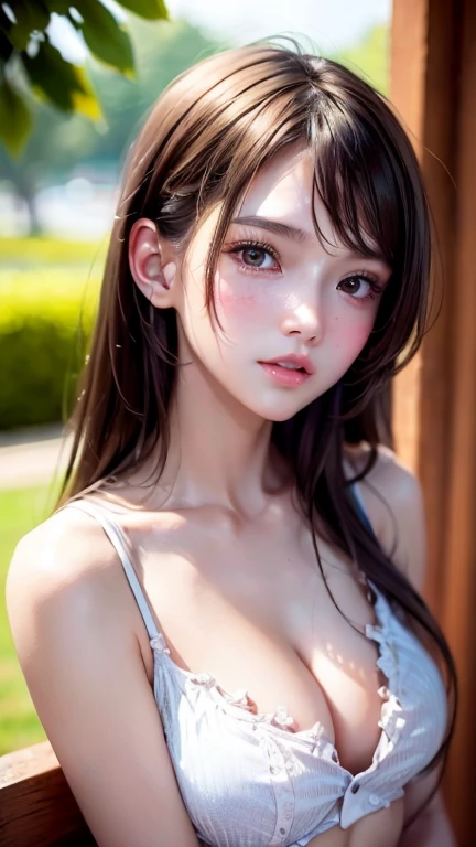 Girl in summer clothes,  As if I wanted to kiss you, (Girl looking at camera), Small breasts, Small breasts、A small amount of skin on her chest is visible through the gap in her neck-high clothing., Random Background, Sexy look, ((Very detailed)), (Perfectly detailed face), (Handcrafted with attention to detail) Photorealistic images.