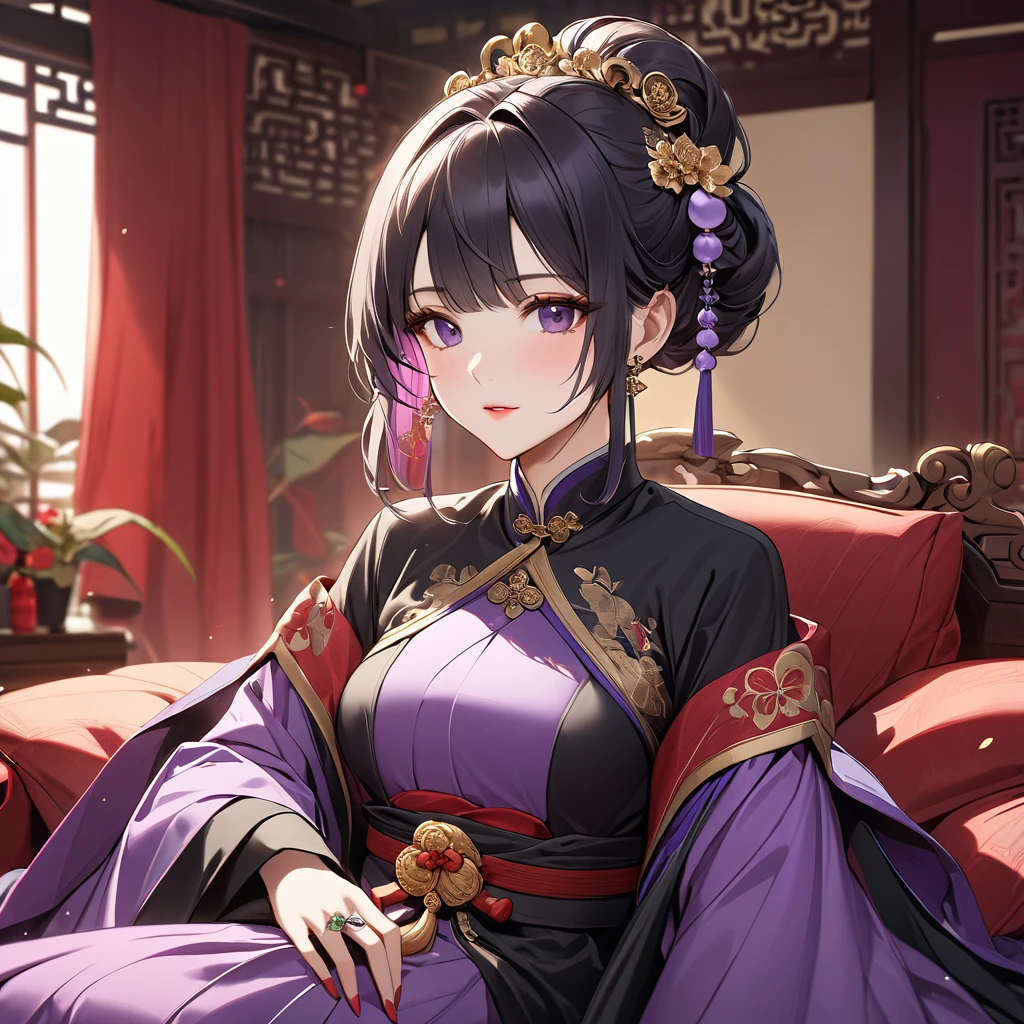 ((Highest quality)), ((masterpiece)), (detailed), (Perfect Face)、The woman is a Chinese woman named Kocho Shinobu.。, Purple gradient bob black hair and formal evening hairstyles. She is wearing an engagement ring. She is a prominent member of the Chinese Communist Party.、She is the wife of a great old Communist Party official.、A woman is beautifully dressed in a luxurious and gorgeous red ancient Chinese empress costume in ancient Chinese court attire、An elegant Chinese lady in a posh room