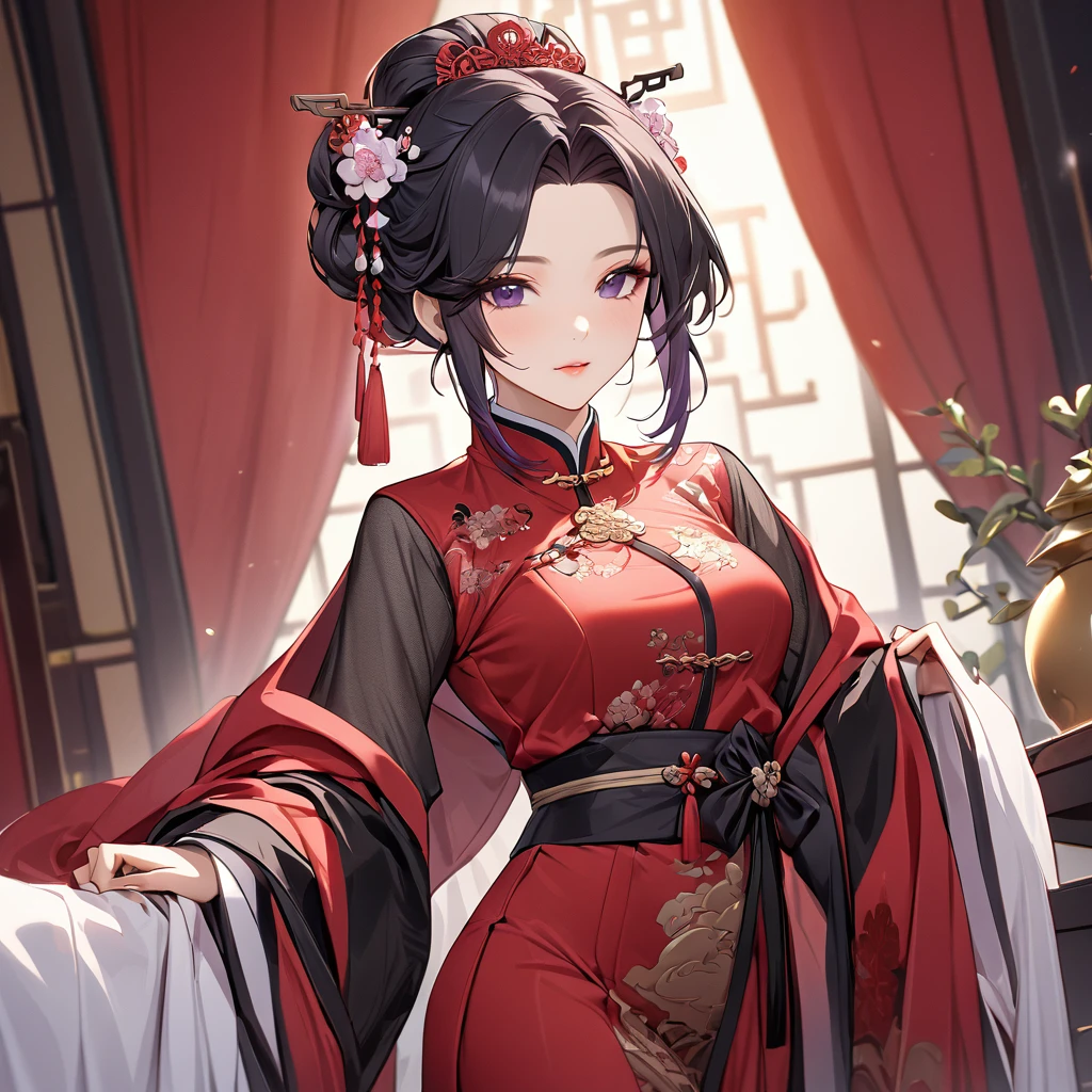 ((Highest quality)), ((masterpiece)), (detailed), (Perfect Face)、The woman is a Chinese woman named Kocho Shinobu.。, Purple gradient bob black hair and formal evening hairstyles. She is wearing an engagement ring. She is a prominent member of the Chinese Communist Party.、She is the wife of a great old Communist Party official.、A woman is beautifully dressed in a luxurious and gorgeous red ancient Chinese empress costume in ancient Chinese court attire、An elegant Chinese lady in a posh room