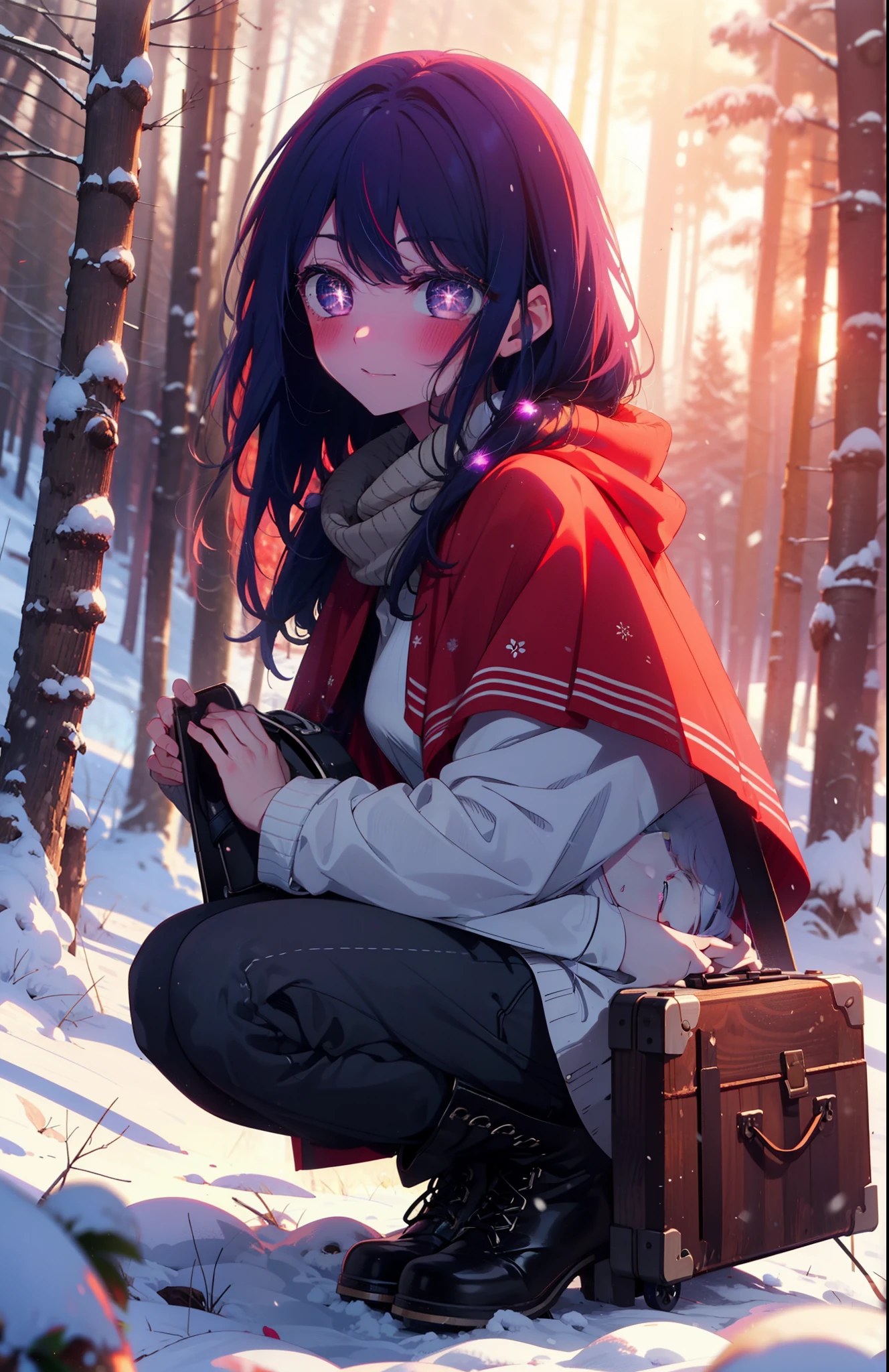 aihoshino, Ai Hoshino, Long Hair, bangs, (Purple eyes:1.1), Purple Hair, (Symbol-shaped pupil:1.5), smile,,smile,blush,white breath,
Open your mouth,snow,Ground bonfire, Outdoor, boots, snowing, From the side, wood, suitcase, Cape, Blurred, , forest, White handbag, nature, Squat, Mouth closed, Cape, winter, Written boundary depth, Black shoes, red Cape break looking at viewer, Upper Body, whole body, break Outdoor, forest, nature, break (masterpiece:1.2), Highest quality, High resolution, unity 8k wallpaper, (shape:0.8), (Beautiful and beautiful eyes:1.6), Highly detailed face, Perfect lighting, Highly detailed CG, (Perfect hands, Perfect Anatomy),