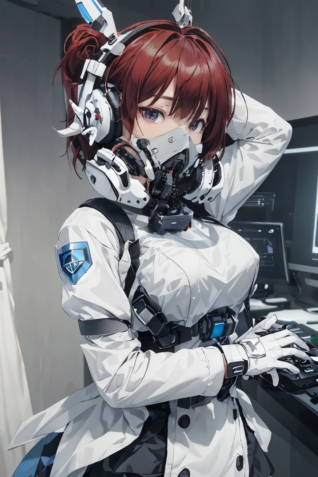 ((best quality)), ((Masterpiece)), (details:1.4), 3d, HDR (high dynamic range), mature woman, เหมือนจริง, High ponytails, red hair, White eyes, จมูกโด่ง, PBR surface, After processing, Anisotropic filtration,depth of field, Maximum clarity and clarity, multi-layered surface, perfect proportions, 8K raw files,(wearing huge glowing blue scifi cobalt mask and headphones with complex electronics) โกรธ, จ้อง, evening
