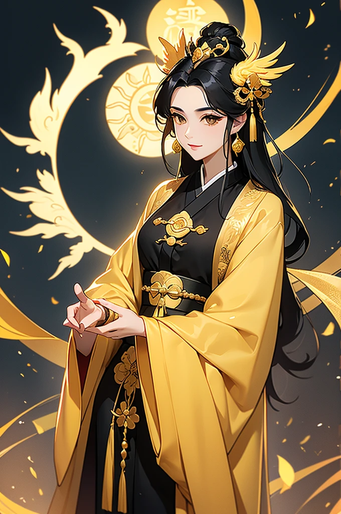 Black Hair, Immortal, Beauty, Royal sister, Stepmother, Gold Yellow Taoist robe, Golden Phoenix Coronet, Hair Bunch, Mature Woman，Sunshine