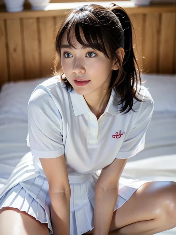 (Masterpiece, Best quality: 1.2), (Ultra realistic, Photo-realistic: 1.2), Slender body, From above, (Seductive pose: 1.2), Bedroom eyes, (Beautiful thighs: 1.1), (Spread legs:1.1), Natural light, 28 years old actress, Japanese women, Neat and clean, (Ponytail short wavy hairstyle: 1.1), Short wavy hair, ((Wearing white tennis uniform, White short-sleeve polo shirt: 1.2)), (unbutton: 1.3), ((Wearing White tennis pleated skirt: 1.3)), Wearing white sock, (Beautiful face), Oval face, clear, Beautiful eyes, Kind eyes, Clear skin, Small face, Beautiful mouth, Small mouth, Natural makeup, Approachable, Seductive smile, Embarrassed, Blush, Luxury hotel Suite room, On bed,