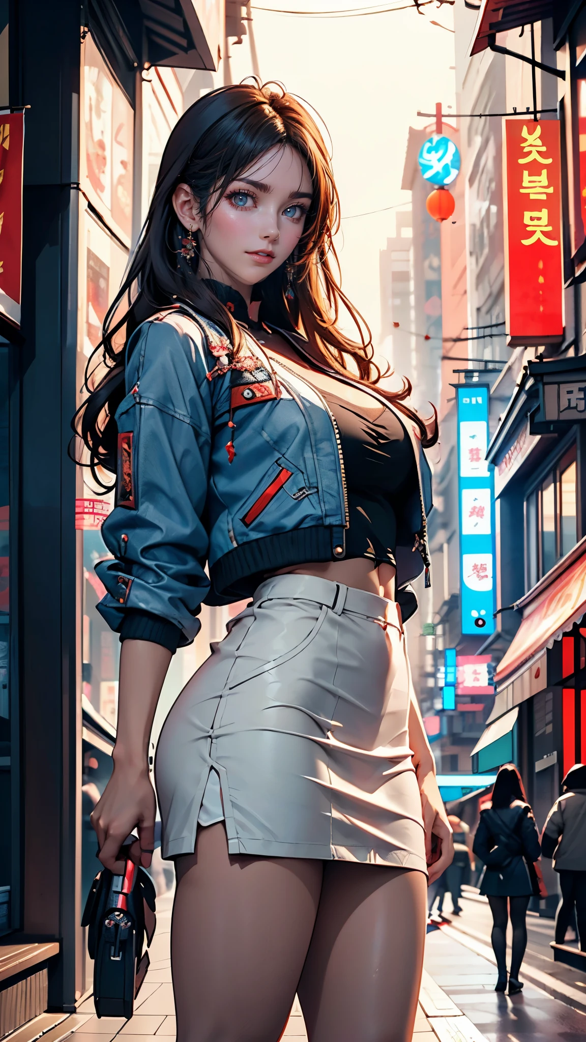 A woman in a short skirt and jacket posing for a photo., cyberpunk art by Raymond Han, Trends in CG society, Digital art, Chinese woman, korean girl, beautiful Asian girl, Asian girl, young asian woman, attractive girl, beautiful asian woman, korean woman, Chinese woman, beautiful south korean woman, gorgeous young korean woman, beautiful young korean woman, asian woman