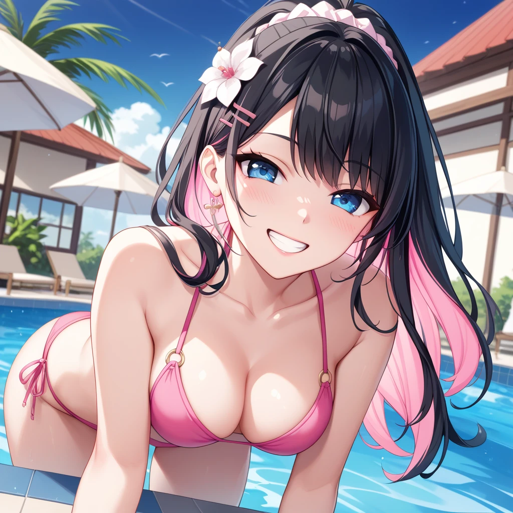 ((Highest quality))、(masterpiece)、(Realistic Shadows)、(１8  beautiful girl),(colored inner hair　black hair + pink inner hair)、White flower scrunchie、Pink hairpin、Blue eyes、low length、medium breasts、valley、Pink Bikini、grin Night Pool、implied fellatio