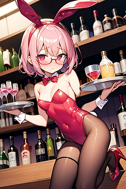 masterpiece, best quality, ultra-detailed, adult Cala 1girl, solo, bunny girl, holding tray, in_container, large exposed breasts, puffy nipples, bracelet, bowtie, full body, high heels, surprised, worried, red hair, spiky hair, full body, looking at the viewer, female focus, green eyes