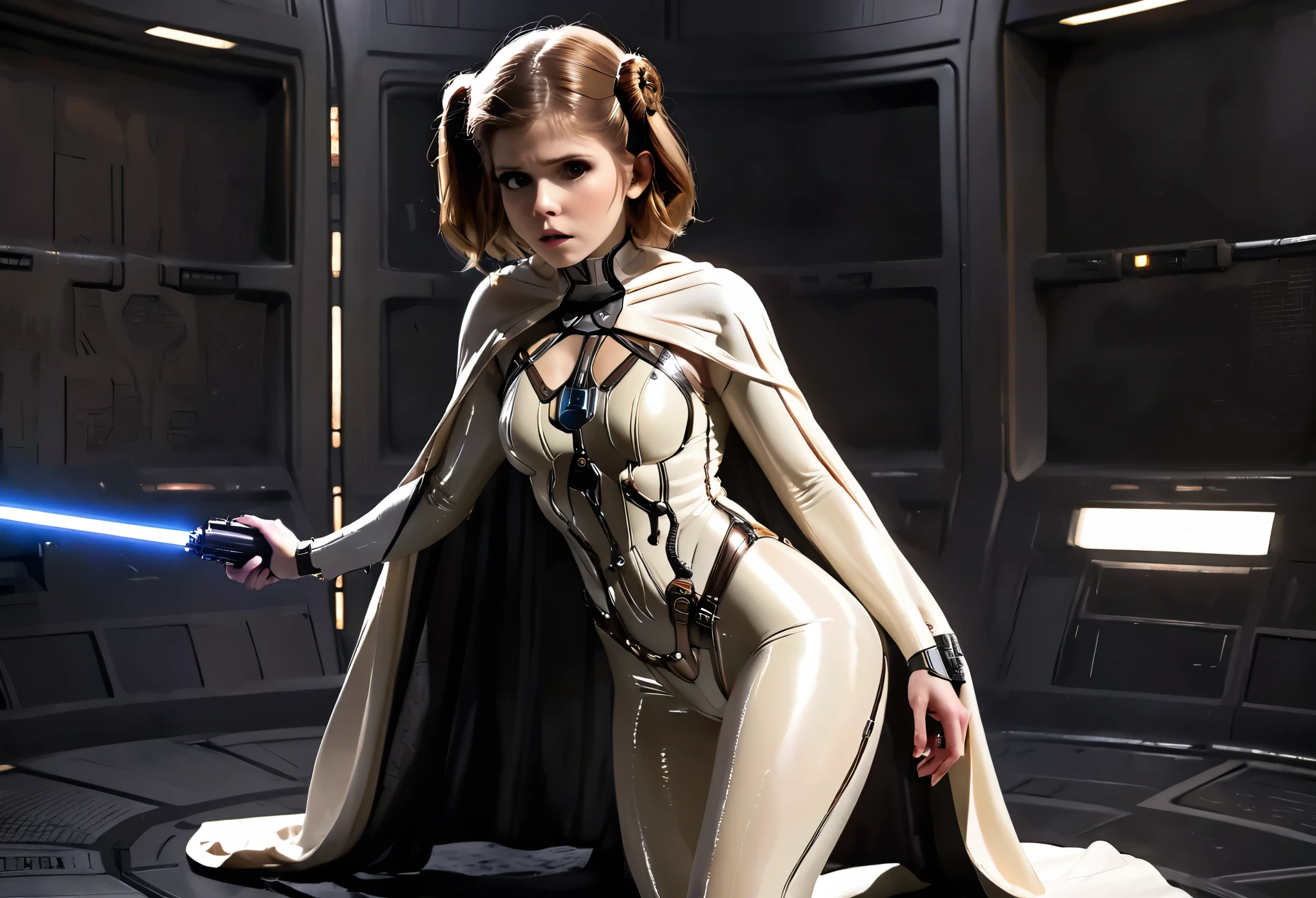 Kate Mara (age 25) in the role of Princess Leia (white metallic skinsuit and cloak) is a high tech and very dangerous torture chamber pleading with Darth Vader for mercy, damsel in pain, damsel in distress