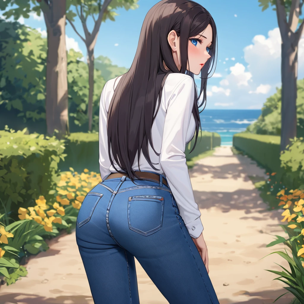 (8K, Live shooting, best quality, muste piece: 1.2), High-definition RAW color photo, Professional photography, cinematic light, ((1 girl)), focus on butt, (Low - Angle:1.2), super cute face, (black long hair), smile, Gorgeous body, glossy lips, slender body, big breasts, small butt, ((T-shirt, denim shorts, )), with your back turned:1.5, Are standing:1.2, Turn around pose, natural makeup, long eyelashes, shiny hair, asymmetrical bangs, tanned skin, pretty face, beautiful detailed eyes, beautiful body, beautiful chest, beautiful thighs, beautiful legs, (((clean fingers, 5 fingers on hand, five fingers))), (((flower garden, garden))), central image, high resolution, high detail, detailed hairstyle, detailed face, epic movie lighting, lively, hyper real, perfect limbs, perfect anatomy, anatomically correct,