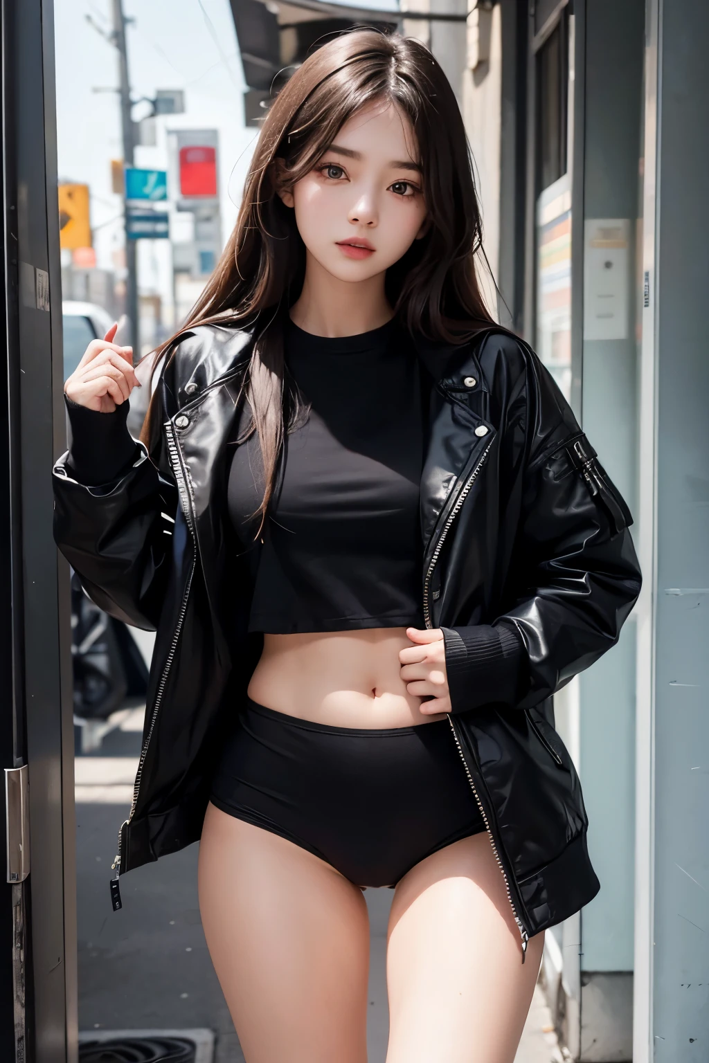 photograph of a 20 year old woman, face perfect, oGood de arte, Good, Underwear, blackw_Good, jaket, blackw_knickers