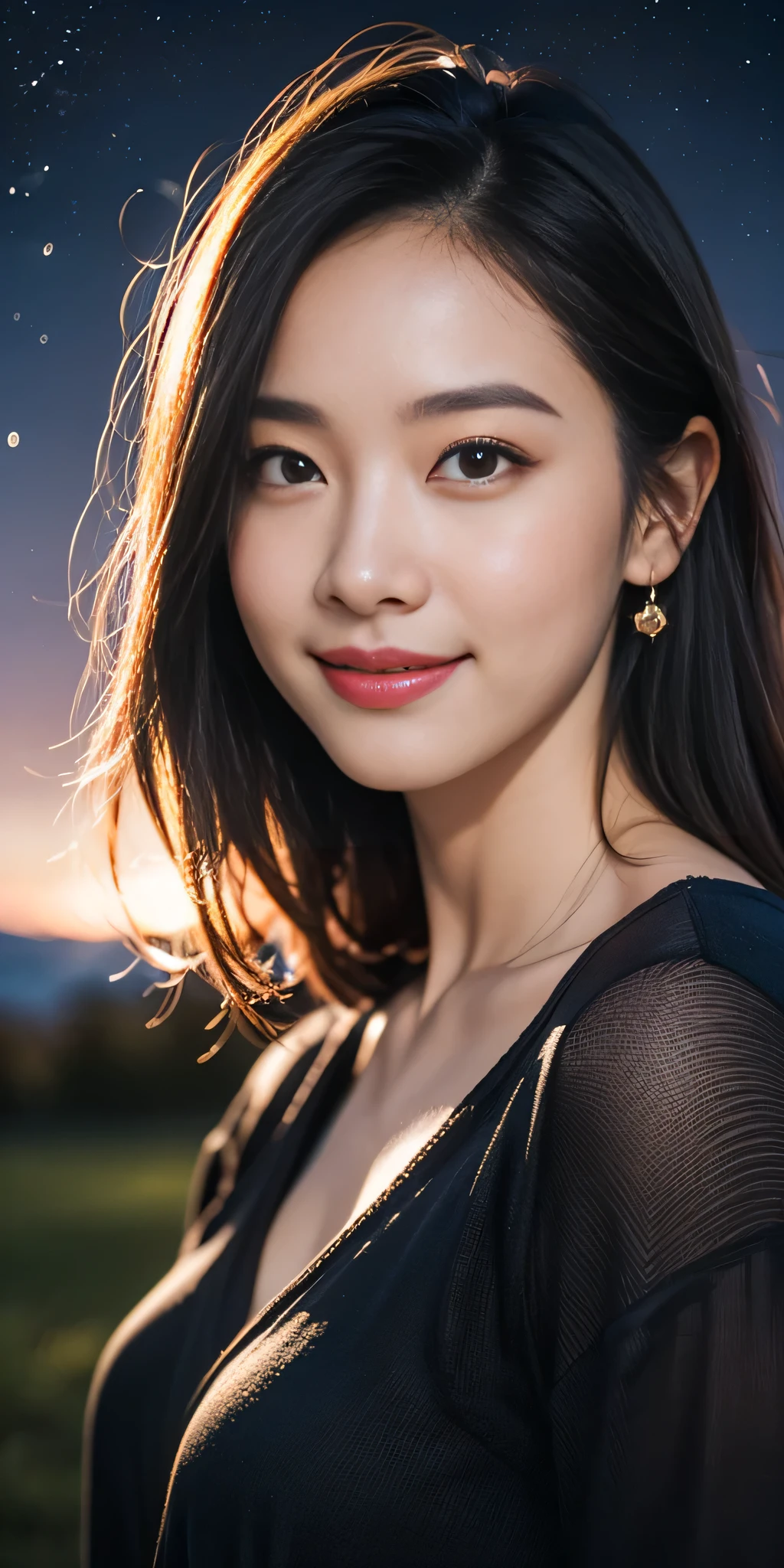 1 girl, Starry Sky,night, shooting star,Upper Body,close,smile,, (8k, RAW Photos, Highest quality, masterpiece:1.2),(Realistic, photo-Realistic:1.37),