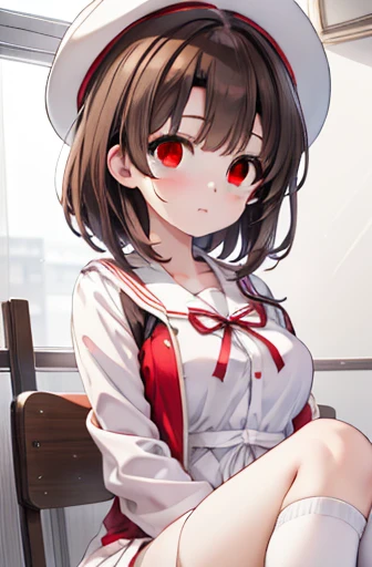 Katoumegumi, Megumi Katou, Brown Hair,  (Brown eyes:1.7), 
break hat, Jacket, Long sleeve, Knee socks, White Hat, white Knee socks, dress, white dress, (red Jacket:1.5), (White Hat:1.5), Open cardigan, Open clothes,,Large Breasts、
break looking at viewer,
break indoors, classroom,
break (masterpiece:1.2), Highest quality, High resolution, unity 8k wallpaper, (figure:0.8), (Beautiful attention to detail:1.6), Highly detailed face, Perfect lighting, Highly detailed CG, (Perfect hands, Perfect Anatomy),