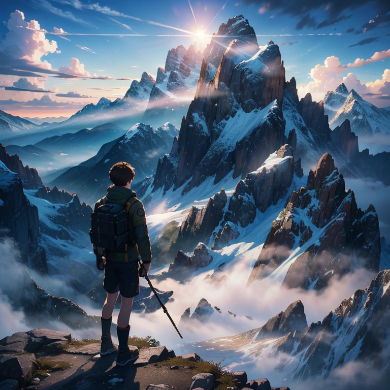 Masterpiece, best quality, high quality, 1boy, Solo, has Short Brown hair, has Green eyes, wears winter hicking clothes, slim body, muscular build, standing, on a mountain, morning sun above the mountains, high detail, Surrealism, depth of field, cinematic lighting, cinematic lighting, atmospheric perspective, UHD, masterpiece, 8k, super detail, best quality, highres, high details, high quality, high quality, high details, best quality, highres, 8k, super detail