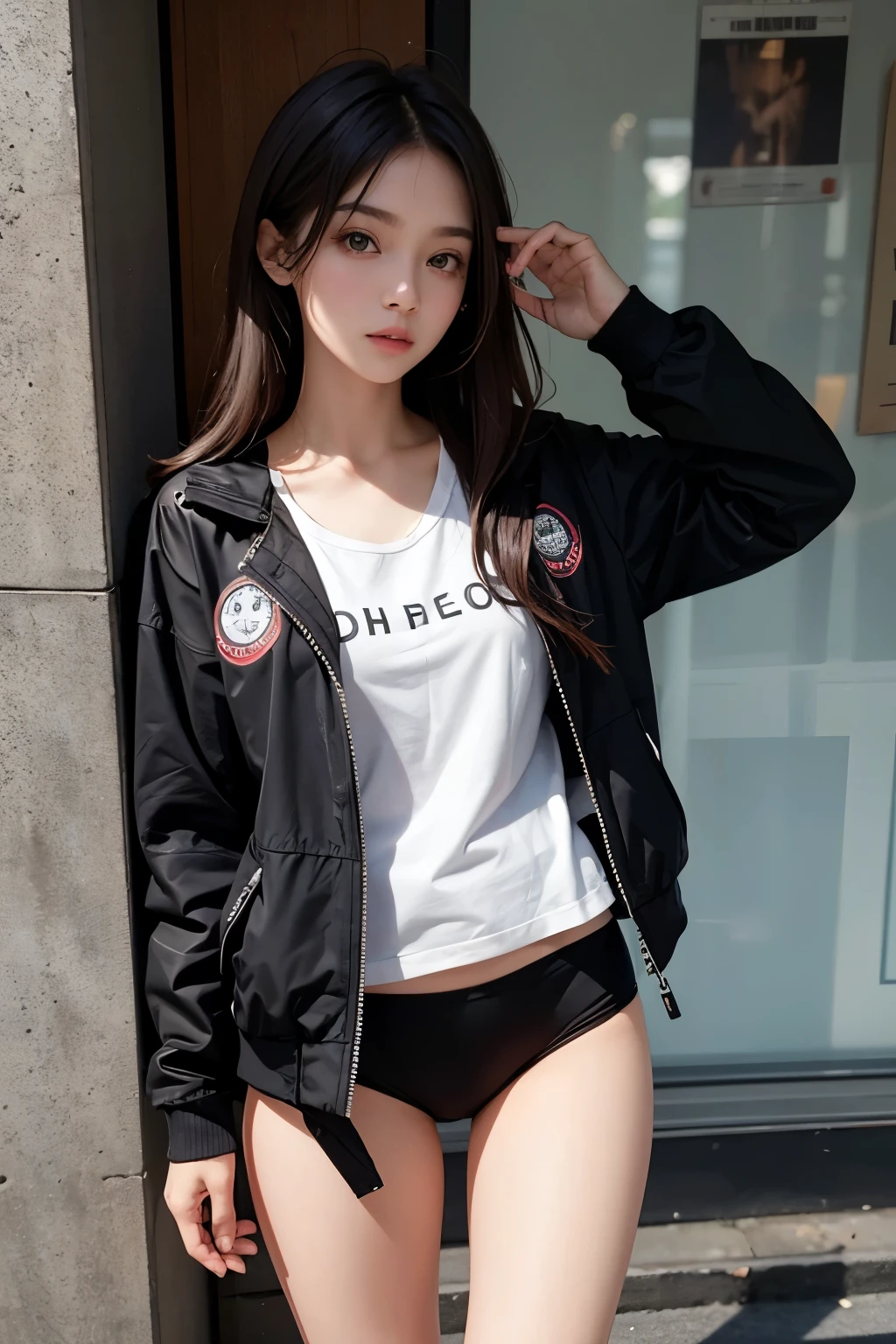 photograph of a 20 year old woman, face perfect, oGood de arte, Good, Underwear, blackw_Good, jaket, blackw_knickers