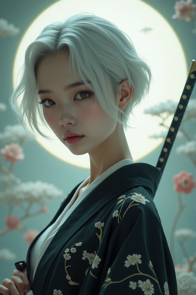 A Korean woman with short, white hair, a beautiful face showing her cleavage, wearing a black and white yukata , (holding a katana), surrealistic style, pastel tones, mid shot, dramatic light.