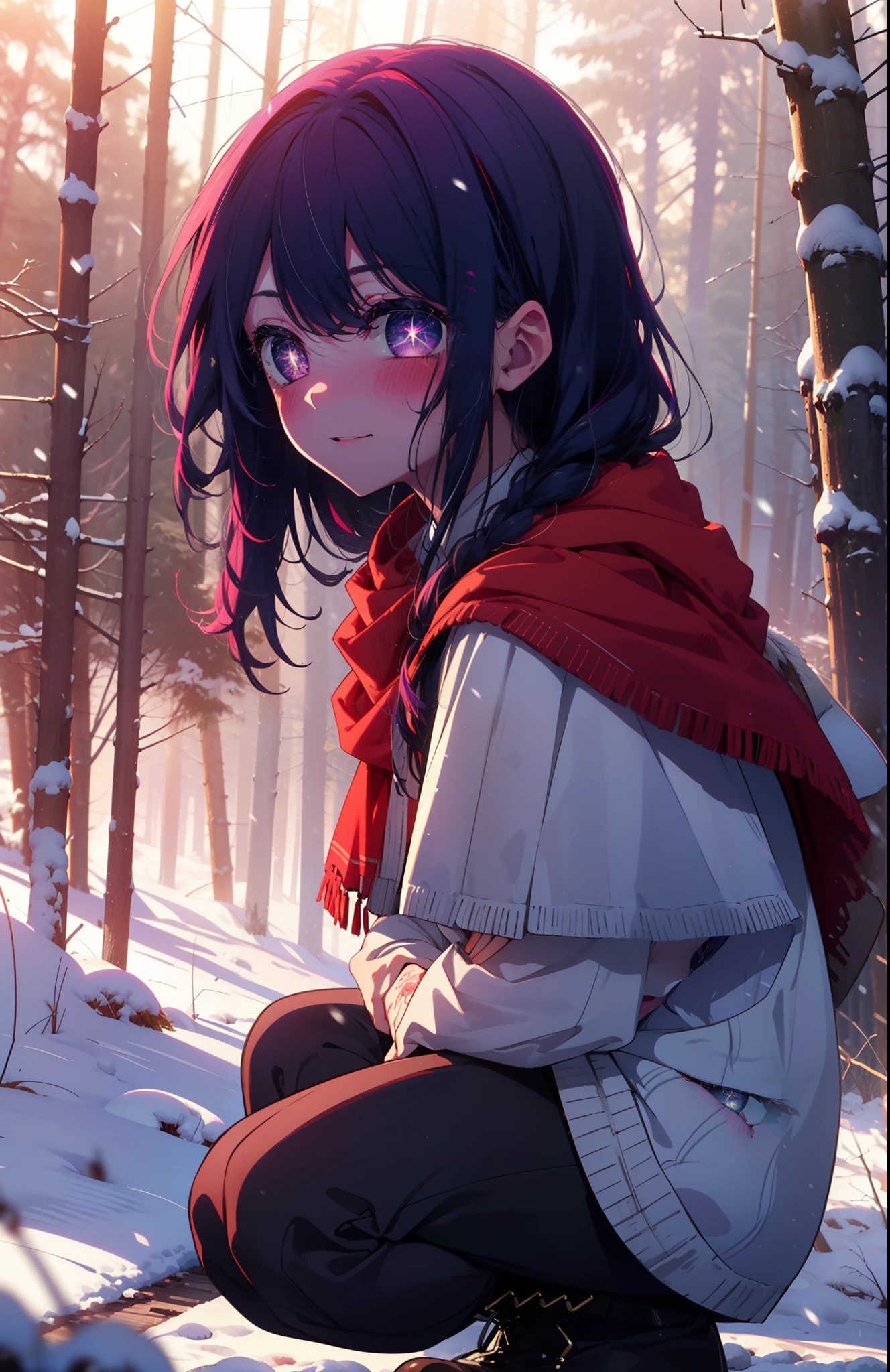 aihoshino, Ai Hoshino, Long Hair, bangs, (Purple eyes:1.1), Purple Hair, (Symbol-shaped pupil:1.5), smile,,smile,blush,white breath,
Open your mouth,snow,Ground bonfire, Outdoor, boots, snowing, From the side, wood, suitcase, Cape, Blurred, , forest, White handbag, nature,  Squat, Mouth closed, Cape, winter, Written boundary depth, Black shoes, red Cape break looking at viewer, Upper Body, whole body, break Outdoor, forest, nature, break (masterpiece:1.2), Highest quality, High resolution, unity 8k wallpaper, (shape:0.8), (Beautiful and beautiful eyes:1.6), Highly detailed face, Perfect lighting, Highly detailed CG, (Perfect hands, Perfect Anatomy),