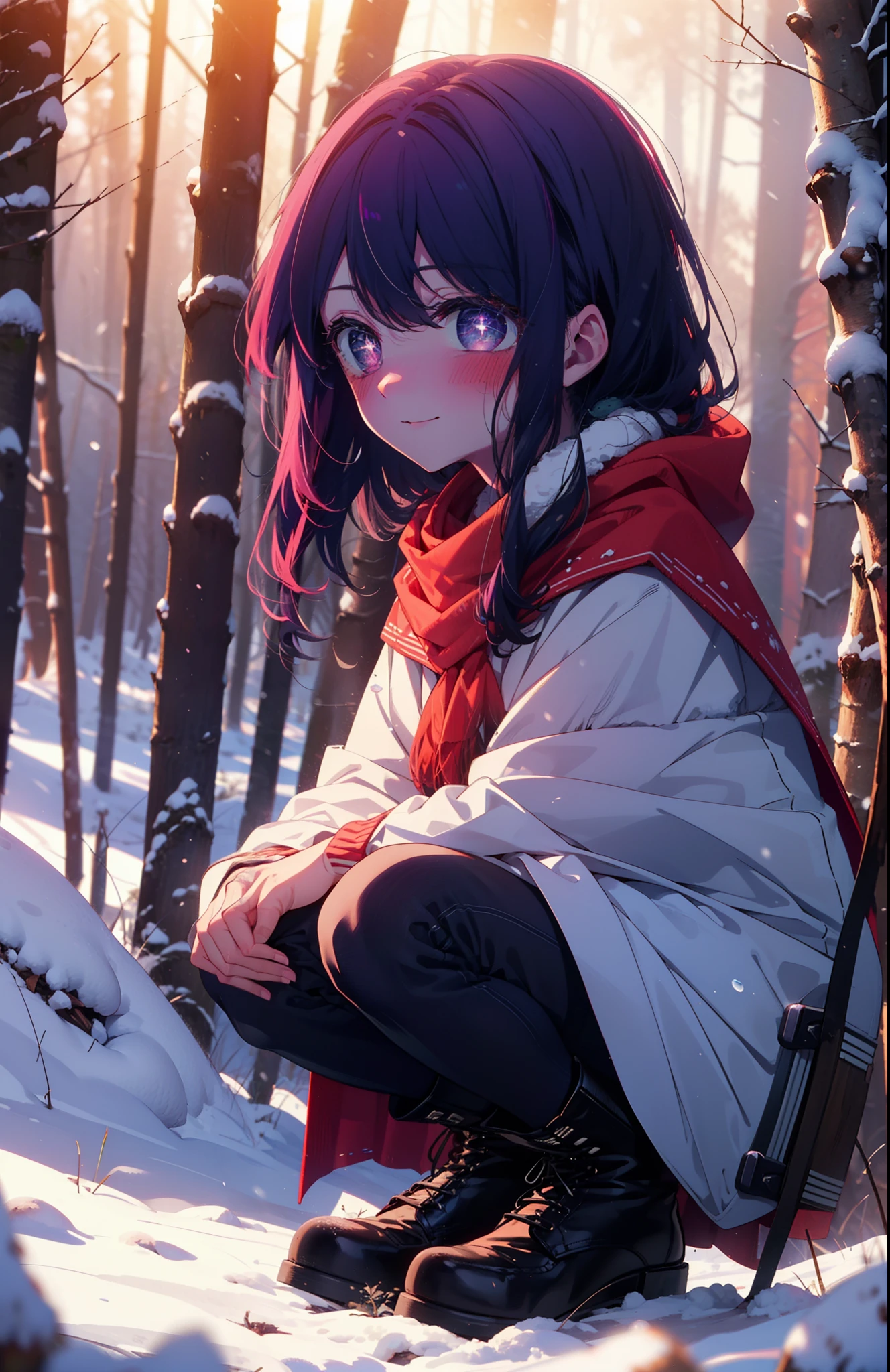 aihoshino, Ai Hoshino, Long Hair, bangs, (Purple eyes:1.1), Purple Hair, (Symbol-shaped pupil:1.5), smile,,smile,blush,white breath,
Open your mouth,snow,Ground bonfire, Outdoor, boots, snowing, From the side, wood, suitcase, Cape, Blurred, , forest, White handbag, nature,  Squat, Mouth closed, Cape, winter, Written boundary depth, Black shoes, red Cape break looking at viewer, Upper Body, whole body, break Outdoor, forest, nature, break (masterpiece:1.2), Highest quality, High resolution, unity 8k wallpaper, (shape:0.8), (Beautiful and beautiful eyes:1.6), Highly detailed face, Perfect lighting, Highly detailed CG, (Perfect hands, Perfect ),