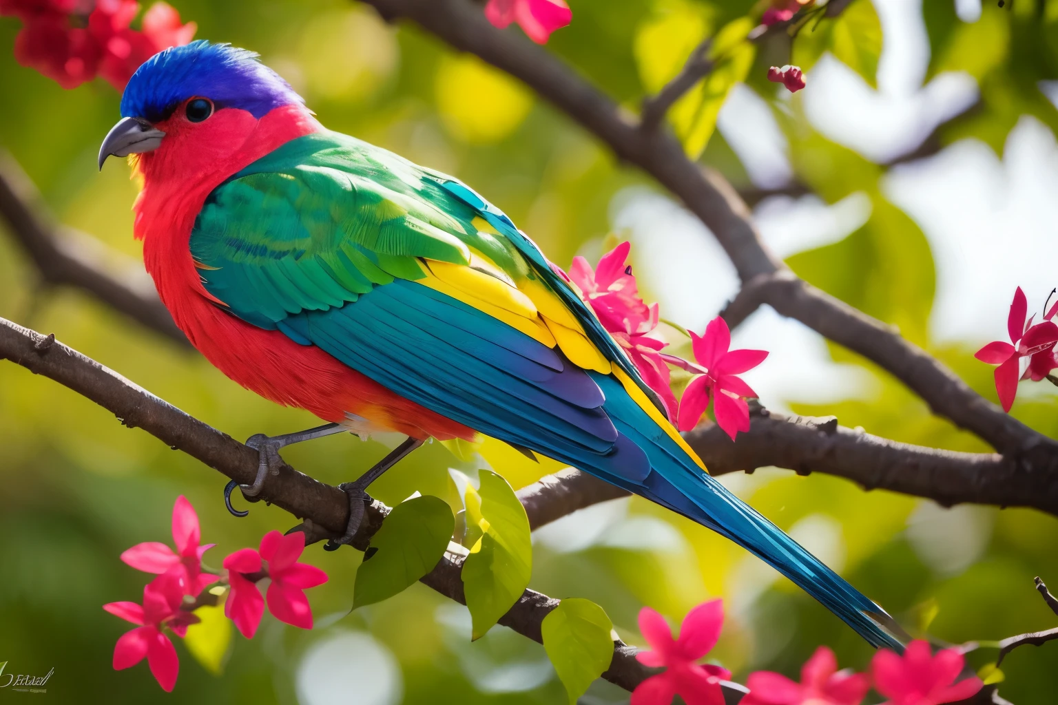 A brightly colored bird perched on a branch with leaves in the background, Colorful HD images, Multicolored birds, Long colorful bird, Beautiful and colorful, Colorful 8 k, Surreal Bird, Beautiful colorful, Colorful feathers, a Surreal Bird, High-resolution wallpapers, Colourful and detailed, Beautiful and vibrant colors, Colorful 4K, Vibrant and realistic colors