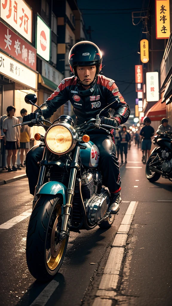 sports motorcycle on the streets of Japan at night in the 80s with luminous tunning decorations

