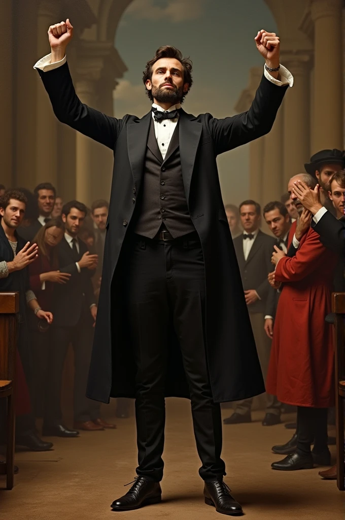 Young Abraham Lincoln standing victorious over his defeated opponent, turning to the crowd with a confident and provocative expression, 19th-century attire and setting, in the style of Leonardo da Vinci