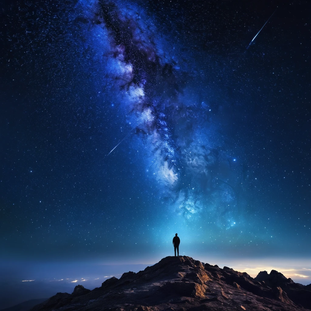 A man stands on a mountain and looks into the night sky, looking into space, looking into space, going beyond the space clouds, Universe в небе, I look at the sky, lost in the vastness of space, what kind of outer space is this, Universe and everything, amazing wallpaper, end of Universe, against the background of the galaxy, Universe