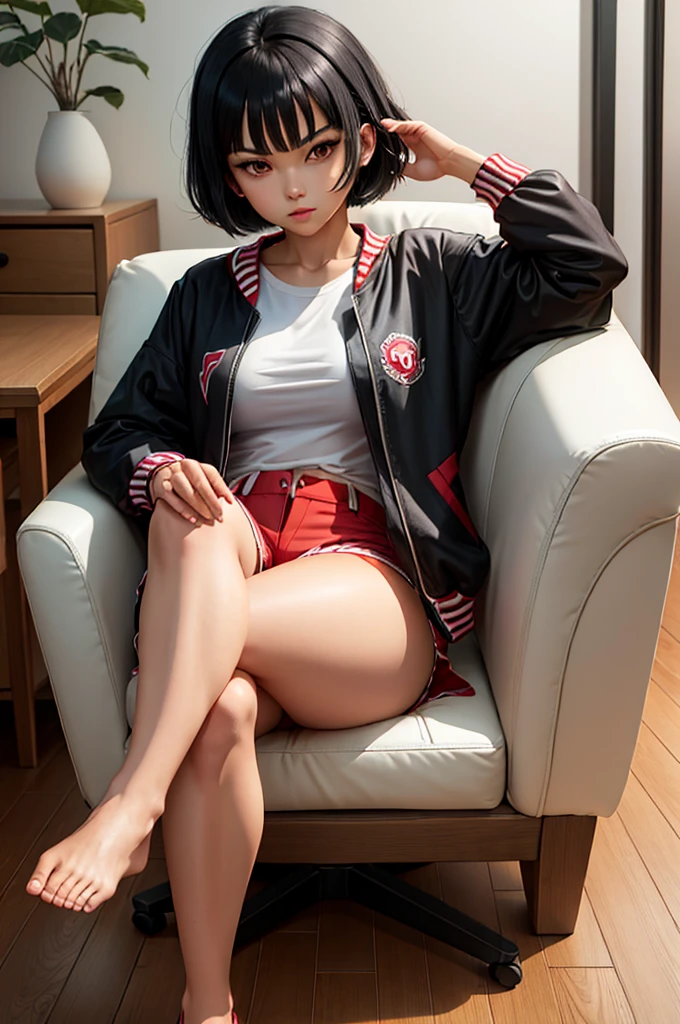 a woman in anime styled outfit sitting on a chair chair with legs out and legs crossed, 1girl, solo, shorts, jacket, sitting, red shorts, black hair, shirt, looking at viewer, short hair, indoors, white shirt, wooden floor, open clothes, open jacket