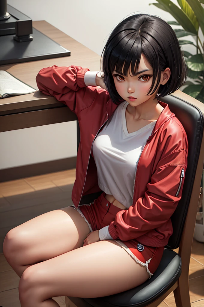 a woman in anime styled outfit sitting on a chair chair with legs out and legs crossed, 1girl, solo, shorts, jacket, sitting, red shorts, black hair, shirt, looking at viewer, short hair, indoors, white shirt, wooden floor, open clothes, open jacket