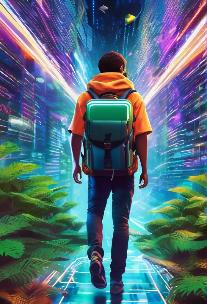 A vibrant, futuristic scene with digital ferns everywhere and a young person with a book in hand and a backpack on his back approaching a distant place, a symbol of a shiny currency, surrounded by blurry and fast-moving digital data streams, symbolizing urgency and fear of missing out and innovation and creativity.