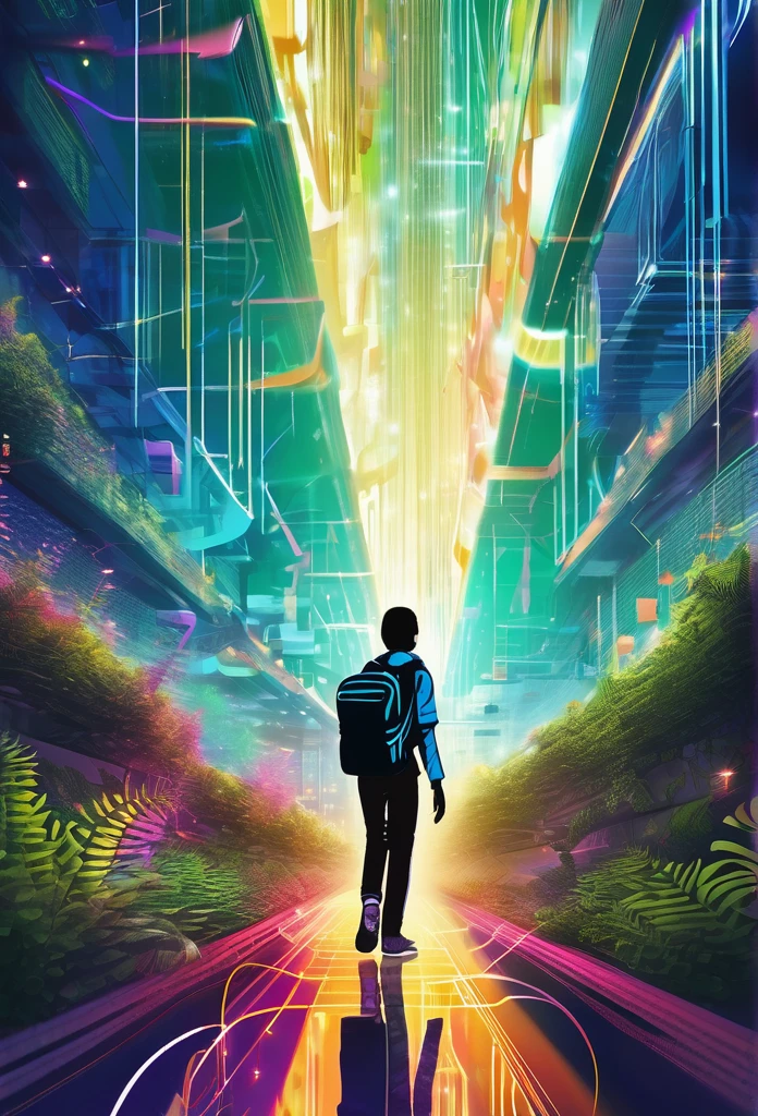 A vibrant, futuristic scene with digital ferns everywhere and a young person with a book in hand and a backpack on his back approaching a distant place, a symbol of a shiny currency, surrounded by blurry and fast-moving digital data streams, symbolizing urgency and fear of missing out and innovation and creativity.