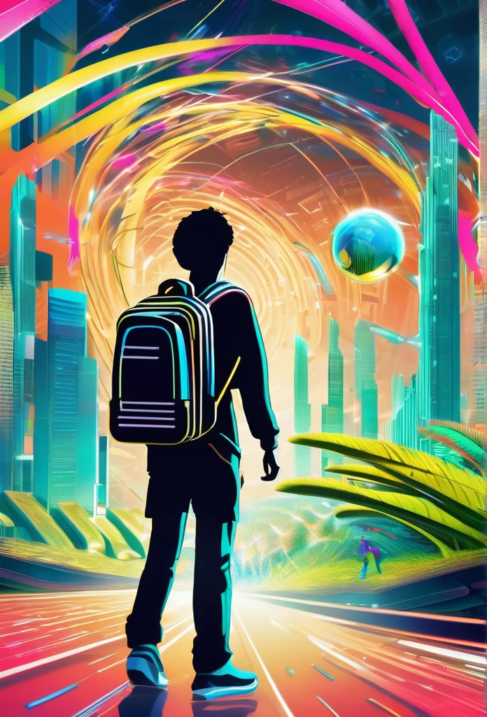 A vibrant, futuristic scene with digital ferns everywhere and a young person with a book in hand and a backpack on his back approaching a distant place, a symbol of a shiny currency, surrounded by blurry and fast-moving digital data streams, symbolizing urgency and fear of missing out and innovation and creativity.