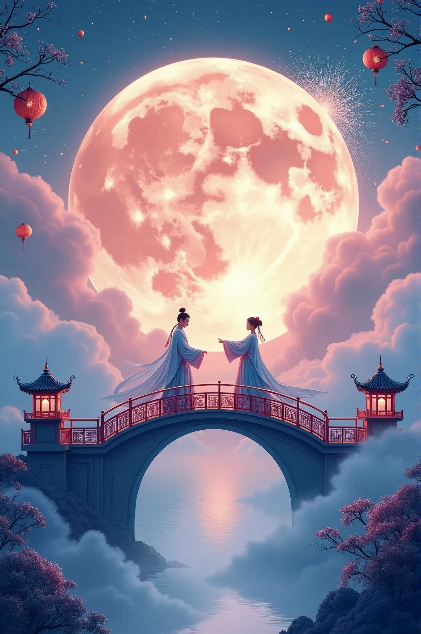 Chinese New Year poster design,Light tones,blue and violet,Dreamy scene,warm color,Cloud arch bridge,Weaver Girl and Cowherd meet on the bridge,Huge Moon,fireworks,Starry Sky,Bizarre composition,Rich details,Top view,Telephoto,Chinese traditions,jade,landscape,auspicious,Light background,best quality,Pastel,Soft Light,4K,plant