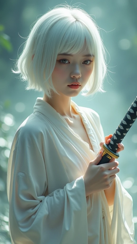 A Korean woman with short, white hair, a beautiful face showing her cleavage, wearing a black and white yukata , (holding a katana), surrealistic style, pastel tones, mid shot, dramatic light.