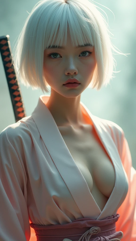 A Korean woman with short, white hair, a beautiful face showing her cleavage, wearing a black and white yukata , (holding a katana), surrealistic style, pastel tones, mid shot, dramatic light.