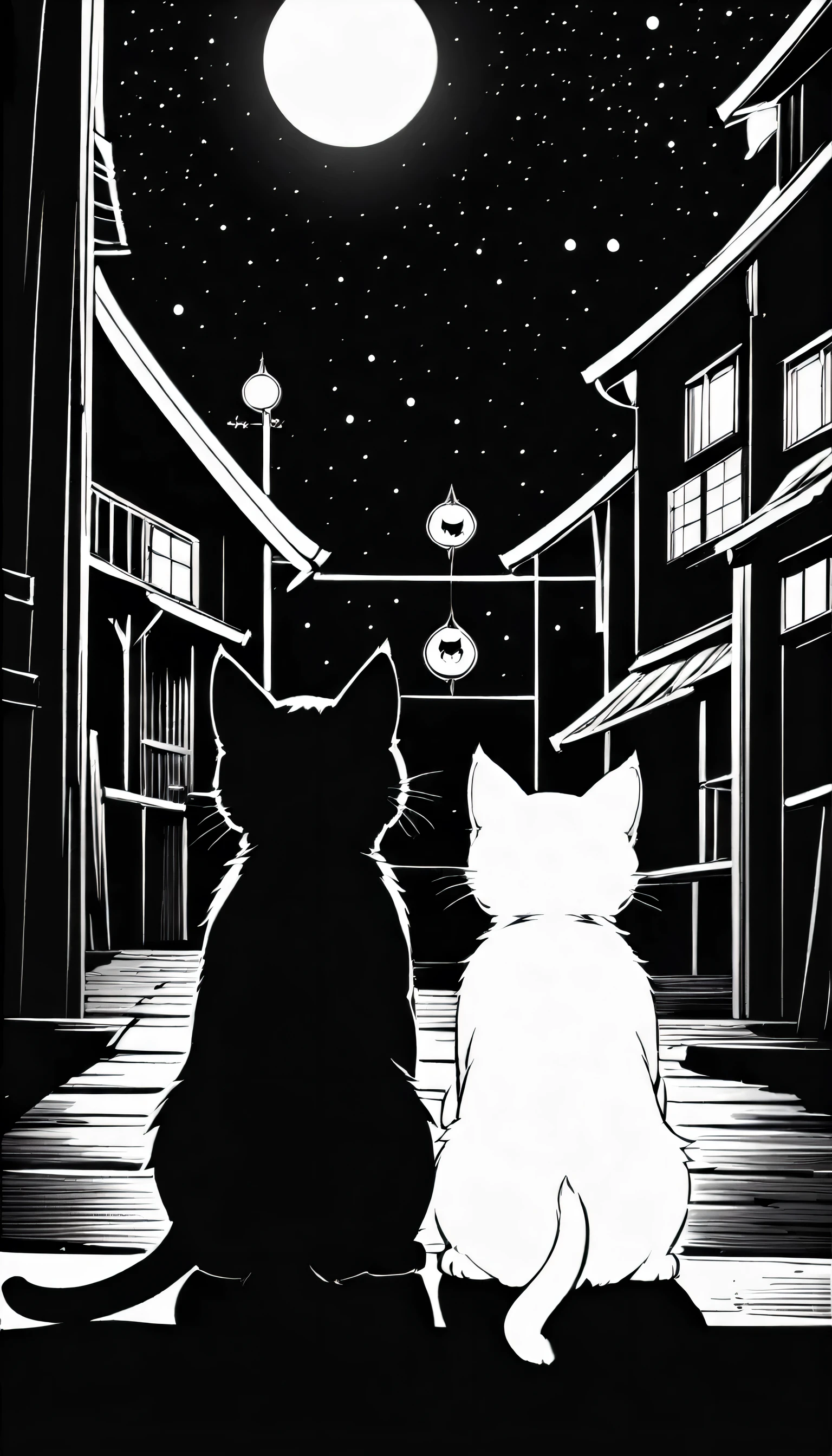 Monochrome concept design style, (((From directly behind))), (((Vision))), (2 Kittens), night, (There&#39;s a big big big moon in the sky:1.4), ((On the roof)),(((Two kittens huddled together,Looking up at the big, big, big moon:1.5))), (Lots of heart marks)