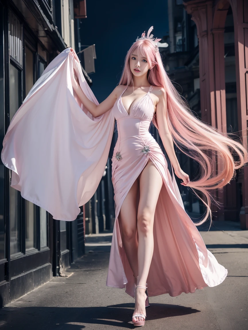 Very detailed,(Beautiful pink hair, Beautiful eyes, Long Hair, )、Hair swaying in the wind、Full Body、Natural pose、One Woman、Well-formed face、Beautiful Face、Perfectly detailed face,Great hands,Best image quality、RAW Photos、Ultra-high resolution、20-year-old,slender、Cleavage、masterpiece, Highest quality, 1 girl, sexy,good looking,kind,Victorian style,blue eyes, Pink Hair,Long Hair,Middle bangs, luxurious headdress,Gorgeous evening dresses,cold,High heels。
