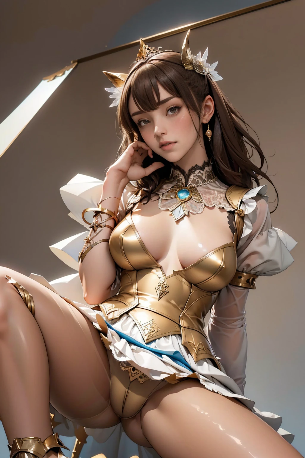 (masterpiece, Highest quality), Mature Woman,23 years old, Brown Hair, (Upper Body:1.3),(From below:1.5), (Sealed:1.4),Ass Focus,Open your mouth, Embarrassing ,blush,(Spread your legs:1.3),(Please stretch your legs and rest.),(Camel Toe:1.3), (Brown eyes:1.7), eyeliner, Hair Bun, lipstick, Compensate, Pink Lips, Large Breasts, boots, bracelet, (light pink pantyhose), {silver armored dress:1.5}, Cross-lace shoes, jewelry, pantyhose, Pelvic Curtain, Puff sleeves, sash, Short sleeve, Side slits, spiked bracelet, spike, Embroidered white footwear, Highest quality,Best image quality,Perfect Anatomy,masterpiece,Very detailedな,beautiful,super high quality, Highest quality,High resolution, Very detailed,Game CG,Dutch Angle ,細部へのbeautiful配慮,visual