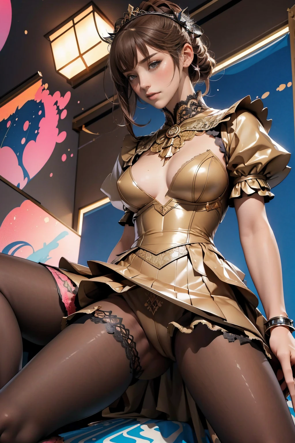 (masterpiece, Highest quality), Mature Woman,23 years old, Brown Hair, (Upper Body:1.3),(From below:1.5), (Sealed:1.4),Ass Focus,Open your mouth, Embarrassing ,blush,(Spread your legs:1.3),(Please stretch your legs and rest.),(Camel Toe:1.3), (Brown eyes:1.7), eyeliner, Hair Bun, lipstick, Compensate, Pink Lips, Large Breasts, boots, bracelet, (light pink pantyhose), {silver armored dress:1.5}, Cross-lace shoes, jewelry, pantyhose, Pelvic Curtain, Puff sleeves, sash, Short sleeve, Side slits, spiked bracelet, spike, Embroidered white footwear, Highest quality,Best image quality,Perfect Anatomy,masterpiece,Very detailedな,beautiful,super high quality, Highest quality,High resolution, Very detailed,Game CG,Dutch Angle ,細部へのbeautiful配慮,visual